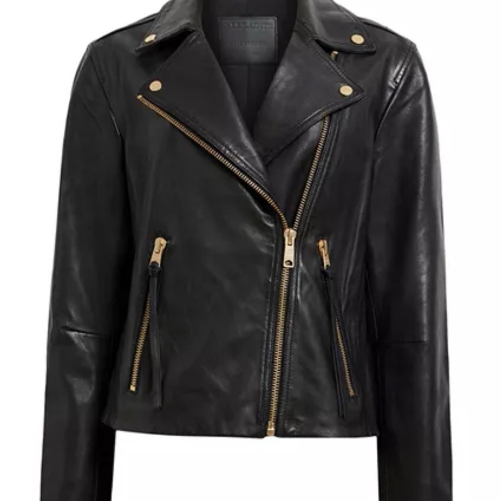 All Saints Black Leather Jacket with Gold Zippers